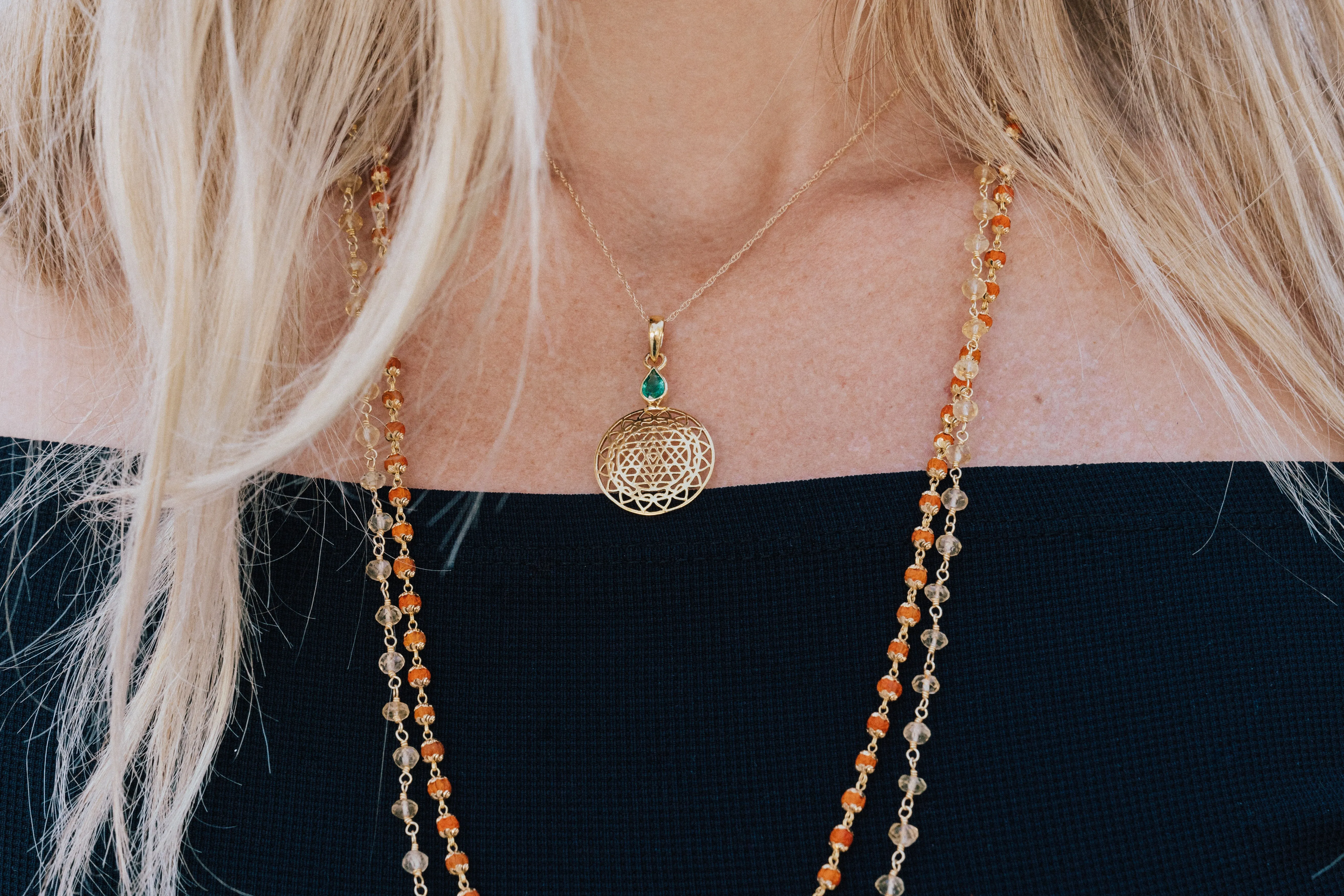 14 kt Gold Sri Yantra Pendant Necklace Mounted in Yellow Sapphire on 18kt chain