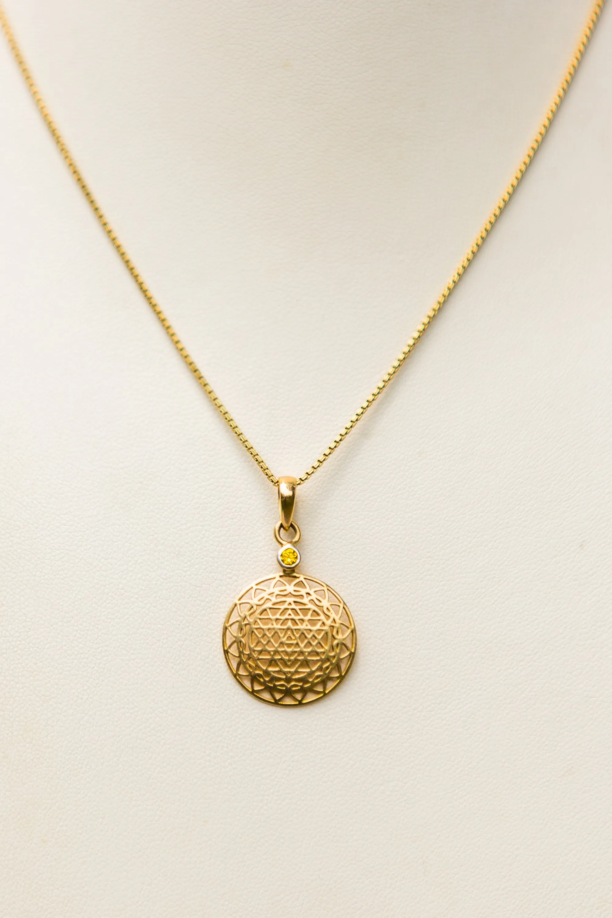 14 kt Gold Sri Yantra Pendant Necklace Mounted in Yellow Sapphire on 18kt chain