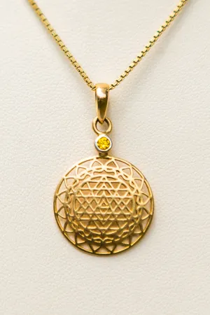 14 kt Gold Sri Yantra Pendant Necklace Mounted in Yellow Sapphire on 18kt chain