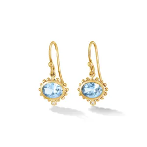 14k Gold Anemone Oval Drop Earrings with Blue Topaz & Diamond