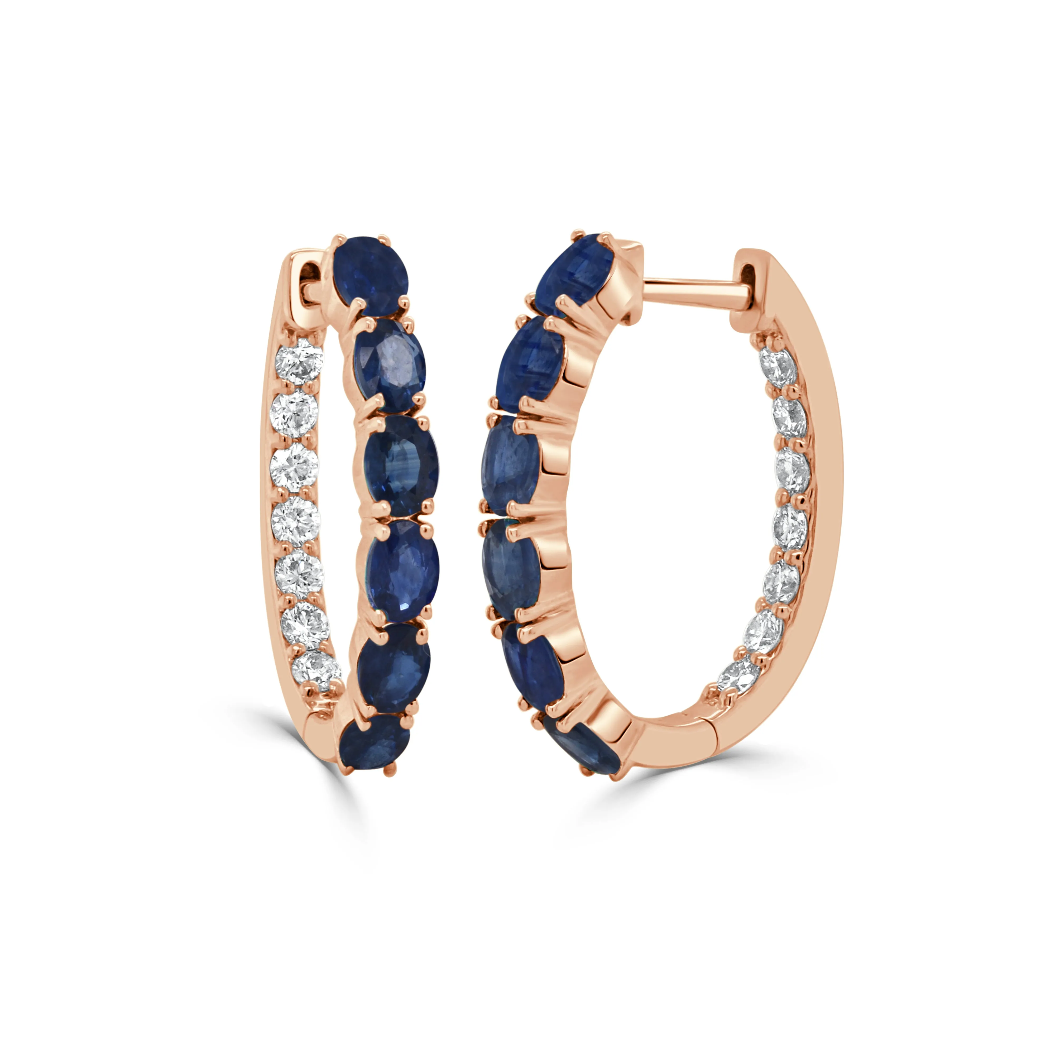 14K Gold Oval Sapphire and Diamond Inside Hoop Earrings