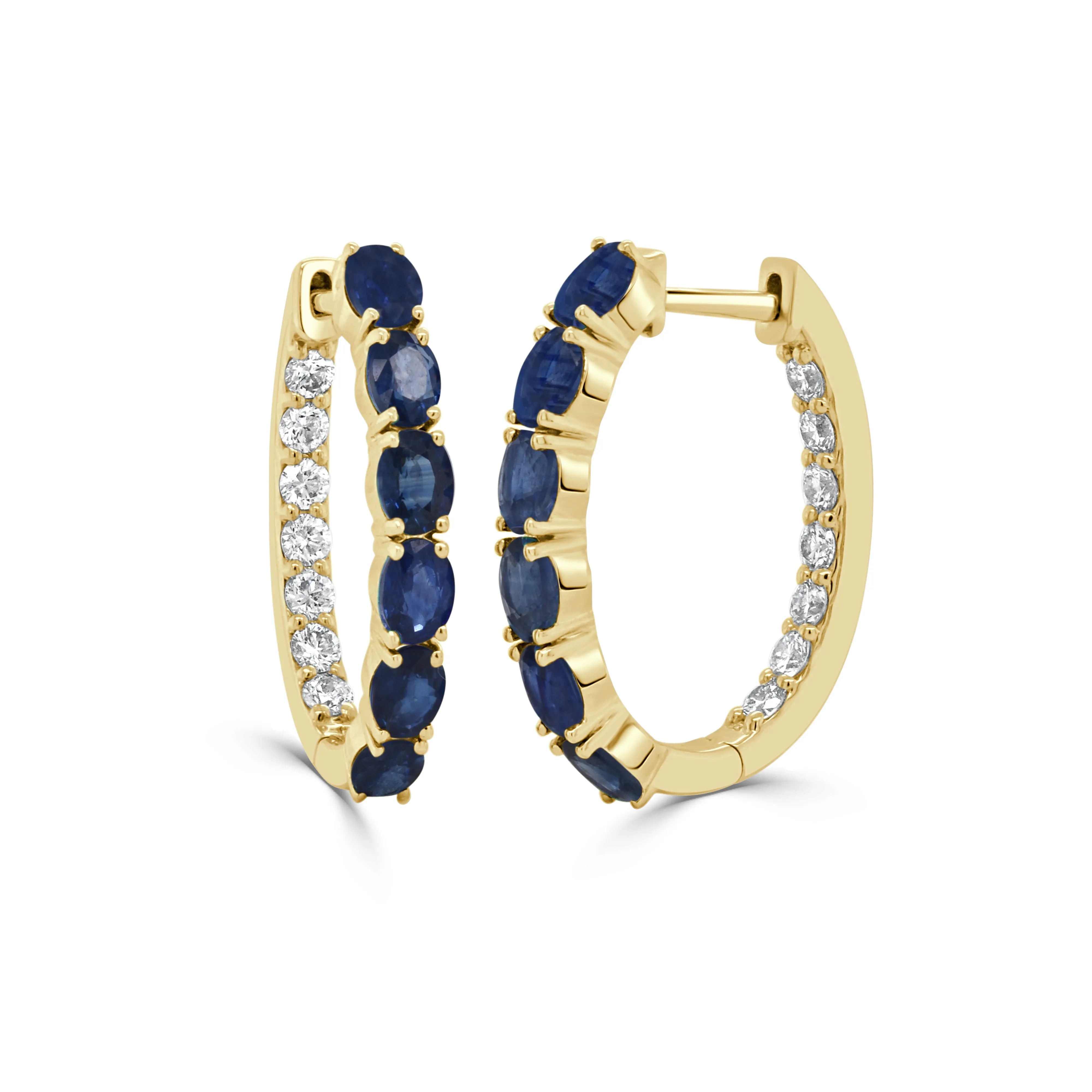 14K Gold Oval Sapphire and Diamond Inside Hoop Earrings