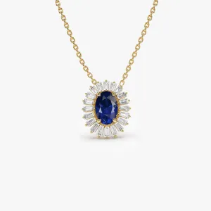 14k Oval Shape Sapphire with Baguette Halo Setting Necklace