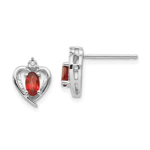 14k White Gold Diamond & Genuine Garnet Heart Stud Earrings