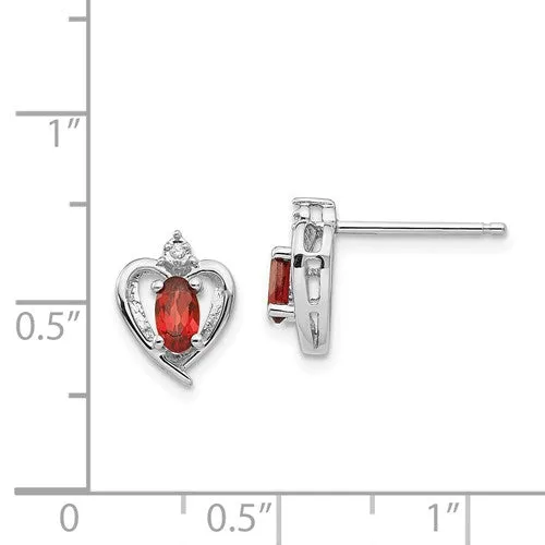 14k White Gold Diamond & Genuine Garnet Heart Stud Earrings