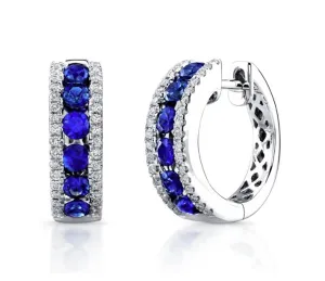 14k White Gold Diamond & Sapphire Huggie Hoop Earrings