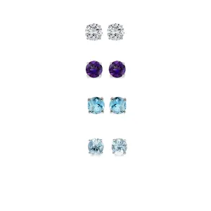 14k White Gold Plated 2Ct Created White Sapphire, Amethyst, Blue Topaz and Aquamarine 4 Pair Round Stud Earrings