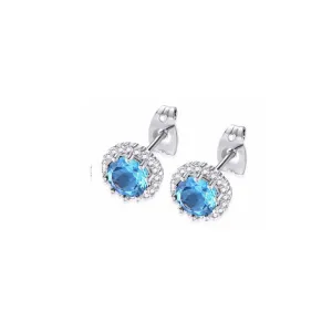 14k White Gold Plated 4 Ct Created Halo Round Blue Topaz Stud Earrings