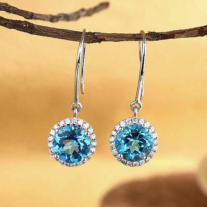 14K White Gold Swiss Blue Topaz Earrings Natural 0.298 Ct Diamonds MKE7006