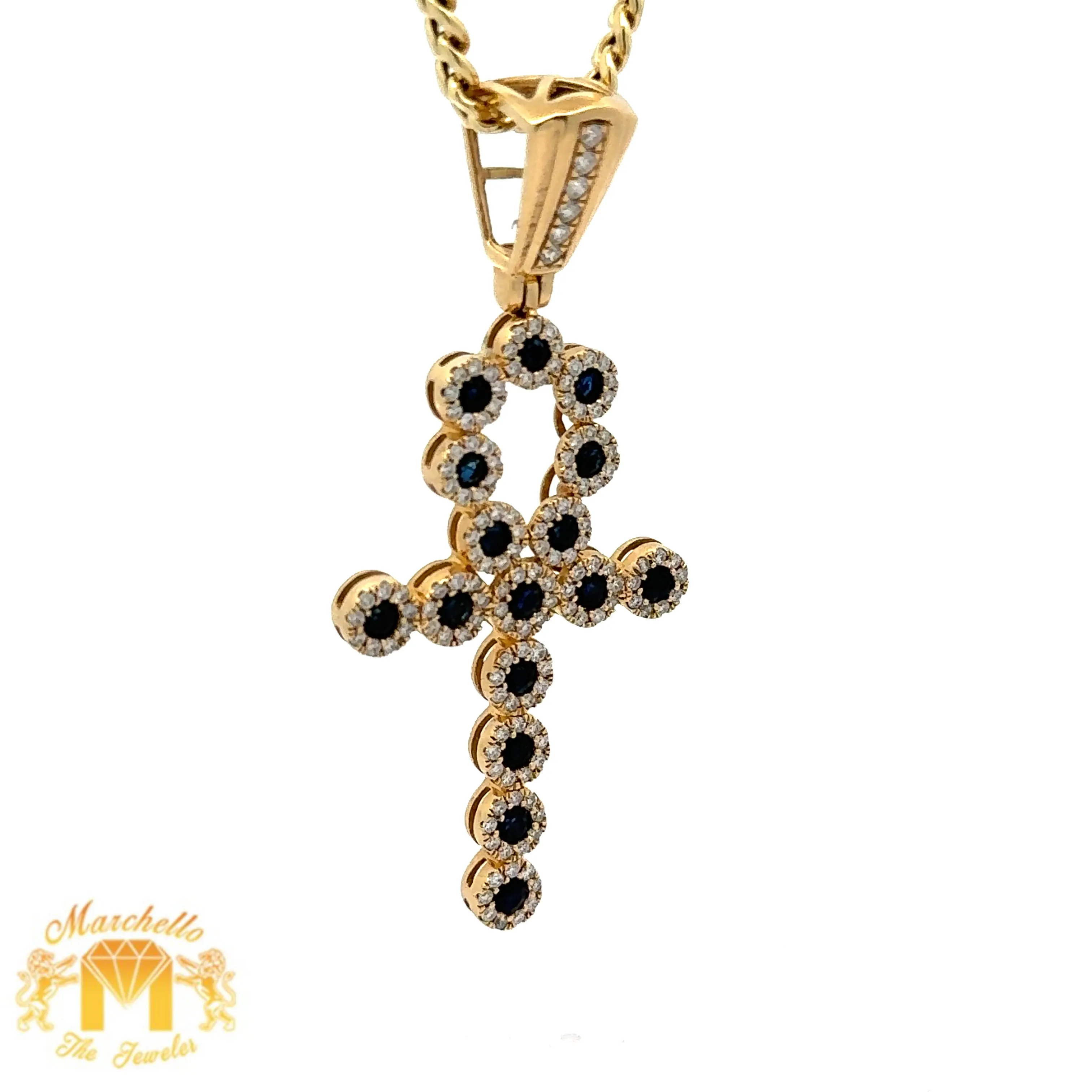 14k Yellow Gold and Diamond Ankh Pendant with Sapphire & Round Diamonds and Yellow Gold Cuban Link Chain