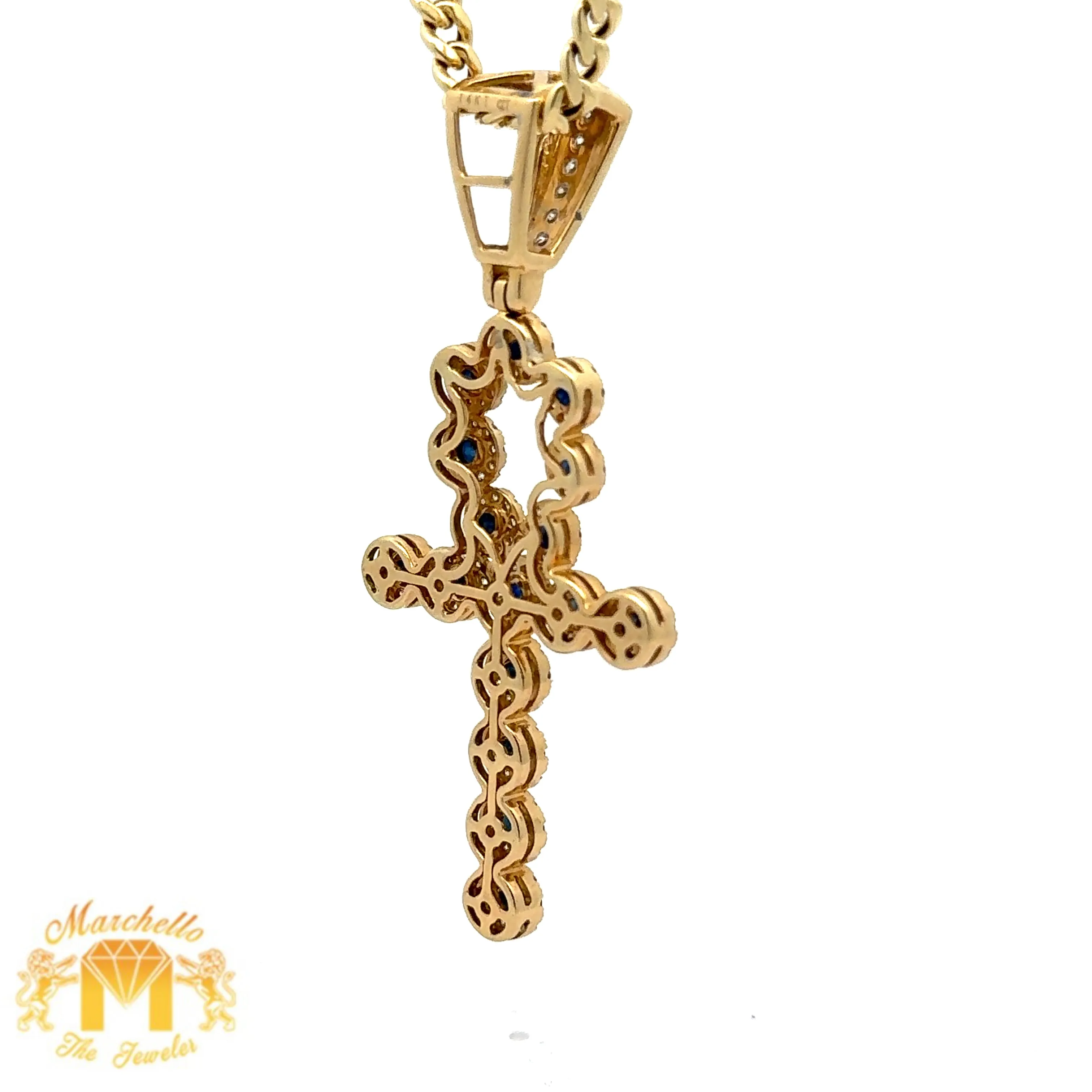 14k Yellow Gold and Diamond Ankh Pendant with Sapphire & Round Diamonds and Yellow Gold Cuban Link Chain