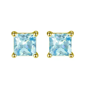 14k Yellow Gold Plated Created Blue Topaz Princess Cut Stud Earrings 6mm