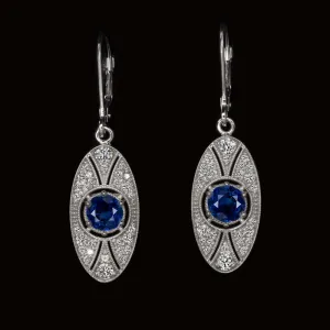 1.65ct SAPPHIRE DIAMOND VINTAGE STYLE EARRINGS EDWARDIAN INSPIRED DROP DANGLE