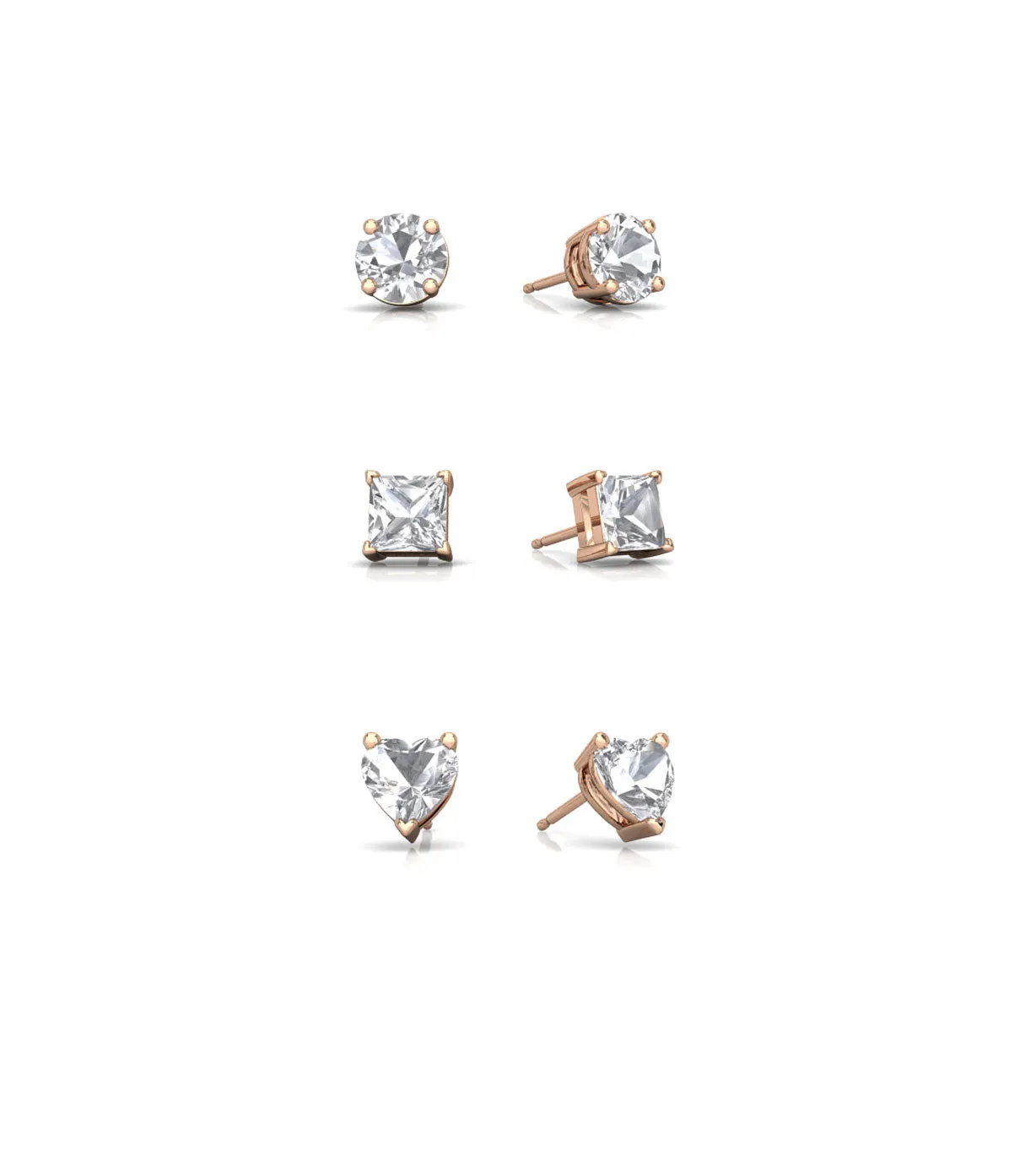 18k Rose Gold Plated 6mm Created White Sapphire 3 Pair Round, Square and Heart Stud Earrings