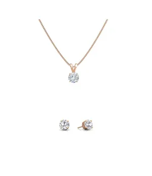 18K Rose Gold Round 1ct White Sapphire Round 18 Inch Necklace and Earrings Set Plated