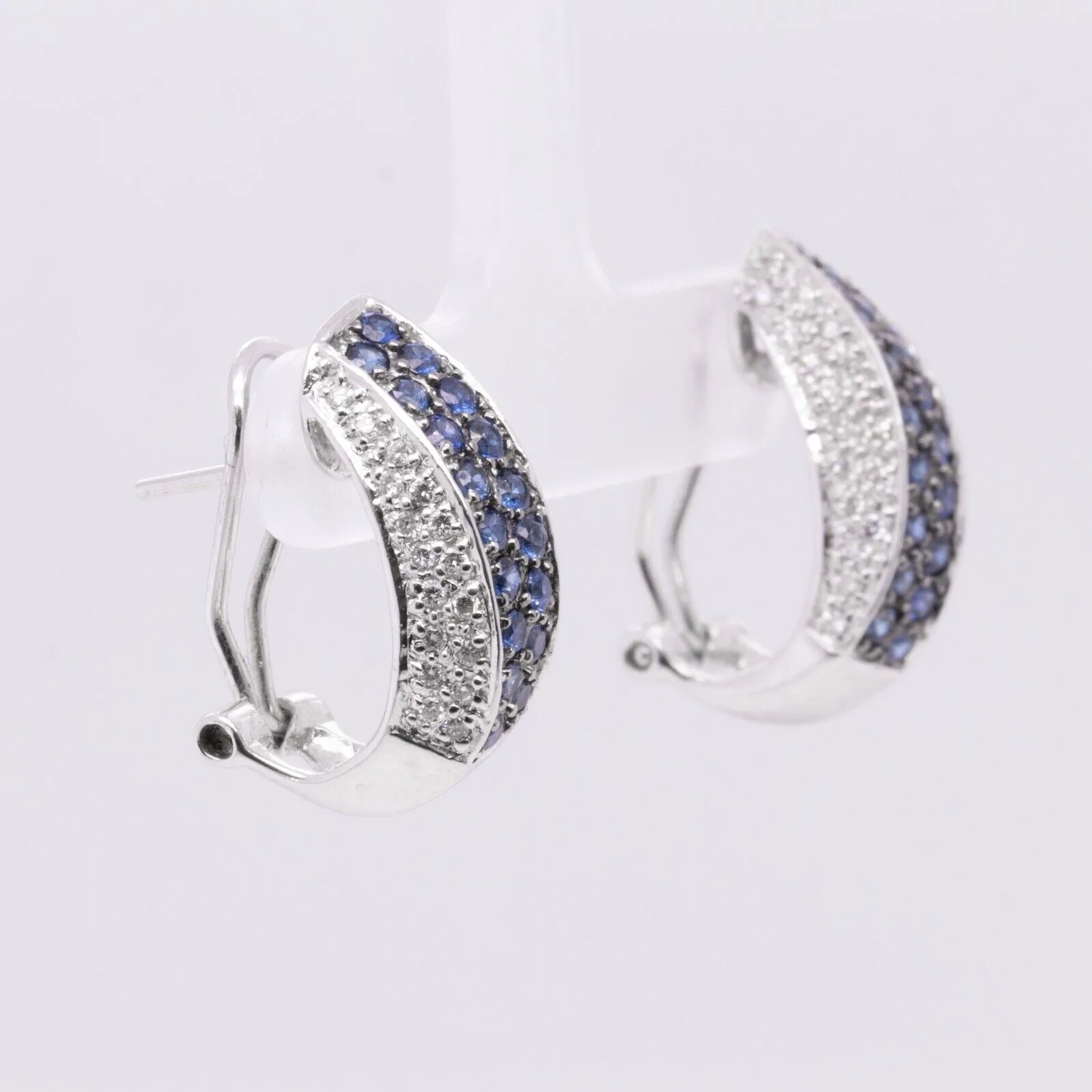 18k White Gold Pave Diamond Sapphire Curved J-Hoop Earrings 0.50ctw G VS2