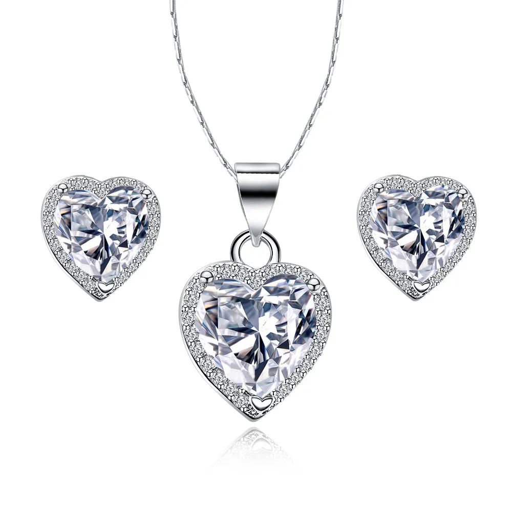 18k White Gold Plated Heart 2 Carat Created White Sapphire Full Set Necklace 18 inch