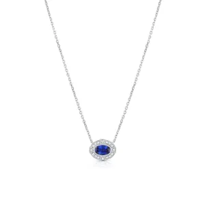 18K White Gold Sapphire Diamond Filigree Oval Pendant Necklace