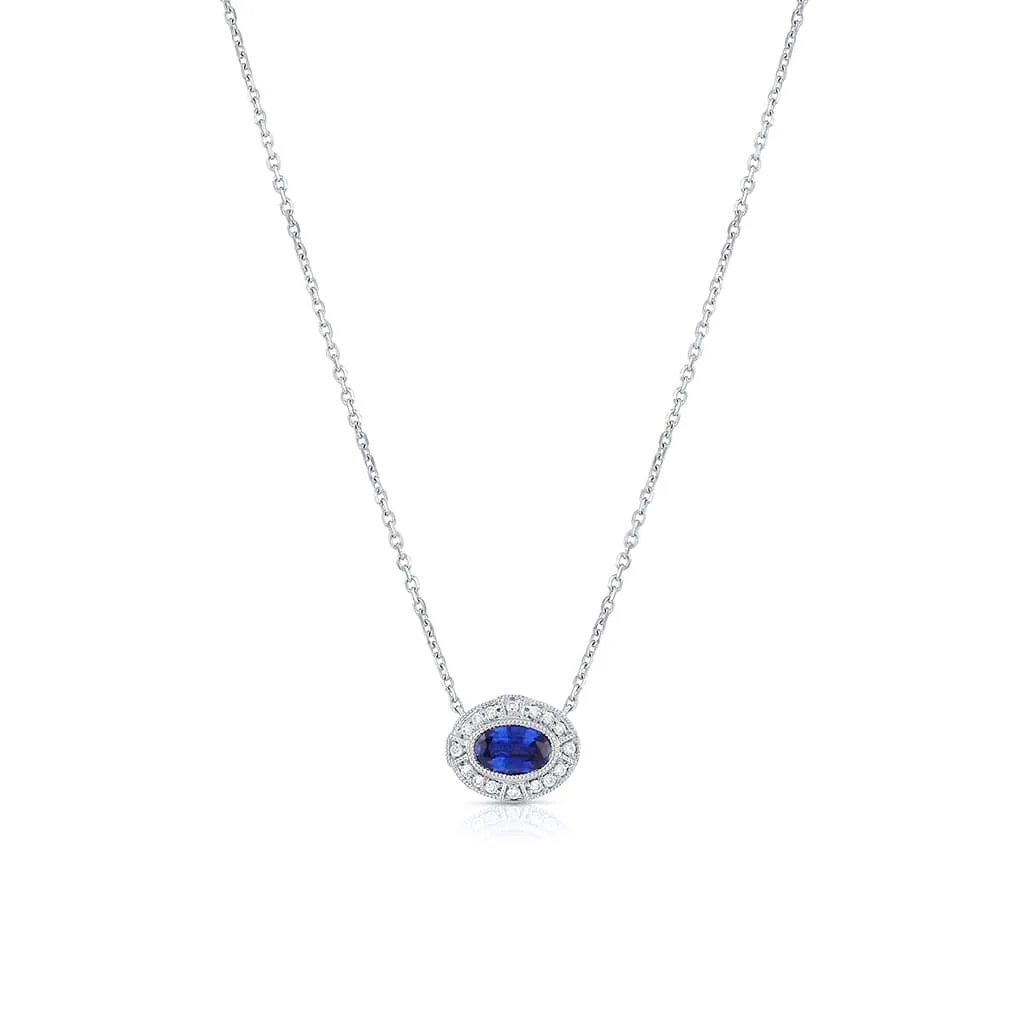 18K White Gold Sapphire Diamond Filigree Oval Pendant Necklace