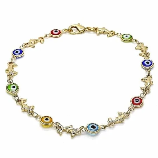 18k Women's Gold Filled High Polish Finish Dolphin Multi-color Evil Eye Lobster Clasp Ankle Bracelet 10'' Inch