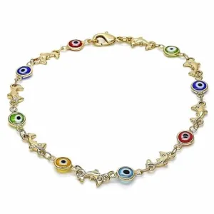 18k Women's Gold Filled High Polish Finish Dolphin Multi-color Evil Eye Lobster Clasp Ankle Bracelet 10'' Inch