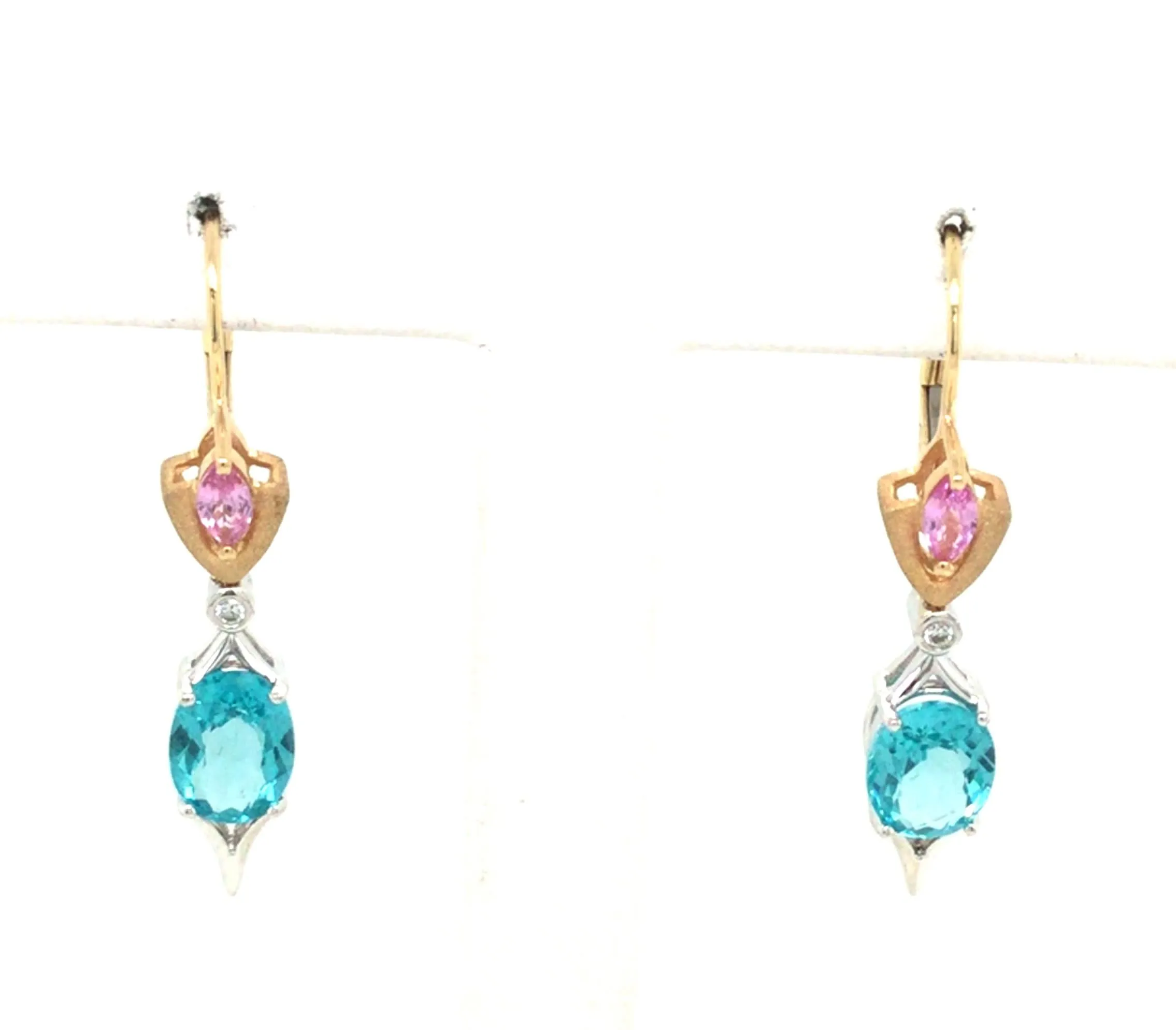 18K Yellow & White Apatite,Pink Sapphire and Natural Diamond Drop Earrings