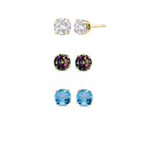 18k Yellow Gold Plated 3Ct Created White Sapphire, Mystic Topaz and Blue Topaz 3 Pair Round Stud Earrings