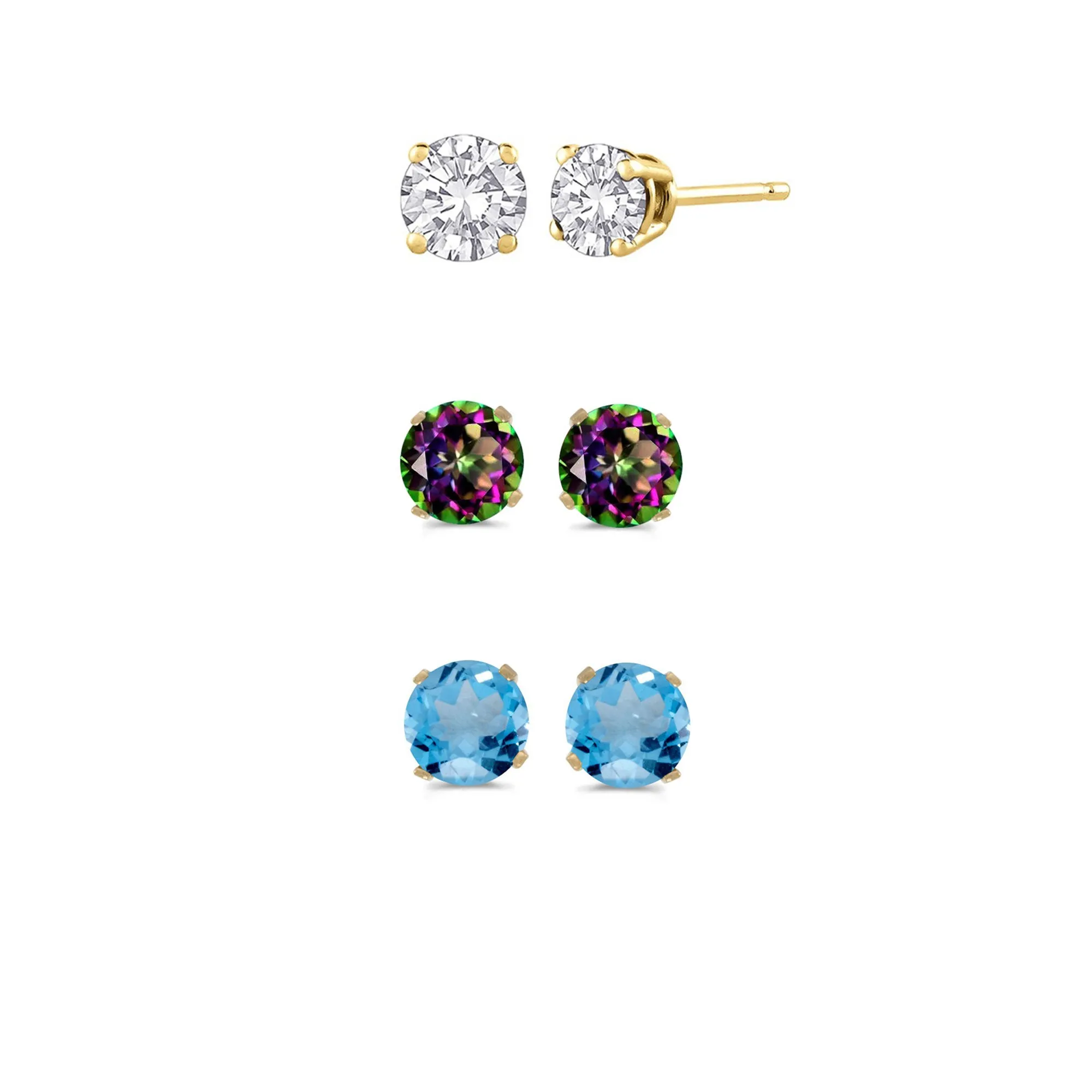 18k Yellow Gold Plated 3Ct Created White Sapphire, Mystic Topaz and Blue Topaz 3 Pair Round Stud Earrings