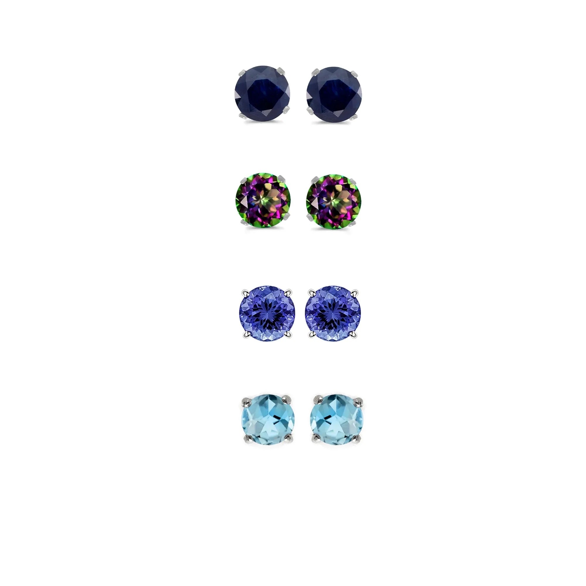 24k White Gold Plated 1Ct Created Black Sapphire, Mystic Topaz, Tanzanite and Blue Topaz 4 Pair Round Stud Earrings