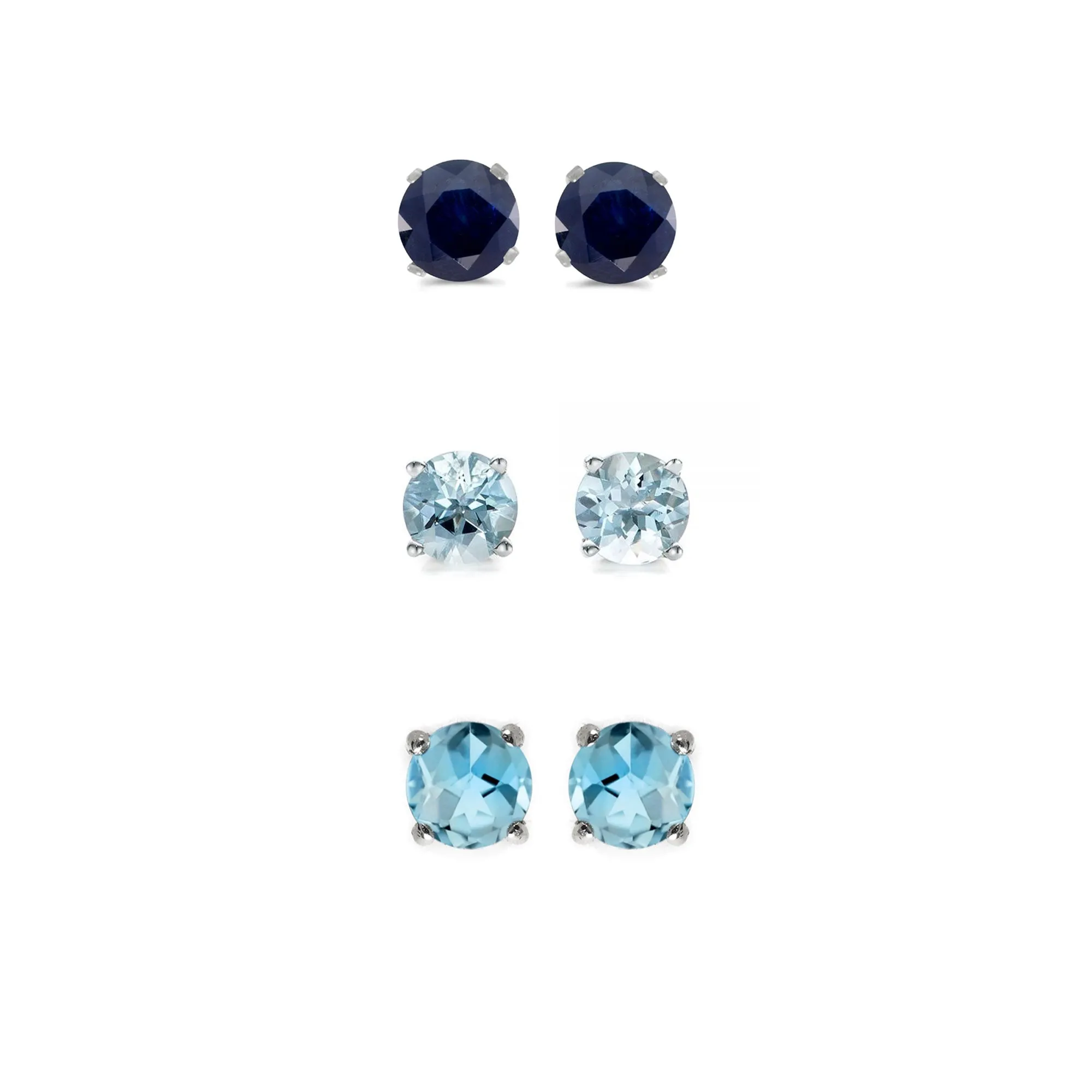 24k White Gold Plated 4Ct Created Black Sapphire, Aquamarine and Blue Topaz 3 Pair Round Stud Earrings