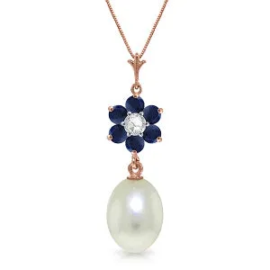 4.53 Carat 14K Solid Rose Gold Necklace Natural Pearl, Sapphire Diamond