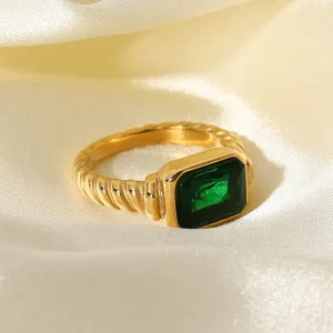 4FunGift® Dainty Gold Plated Rectangle Emerald Imitation Signet Ring Jewelry Luxury Zircon Stone Rings for Women Gold Gem Ring