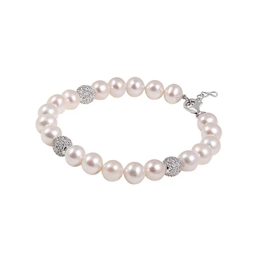 8.0-8.5mm Cultured Freshwater Pearl & Cubic Zirconia Set Ball Bracelet