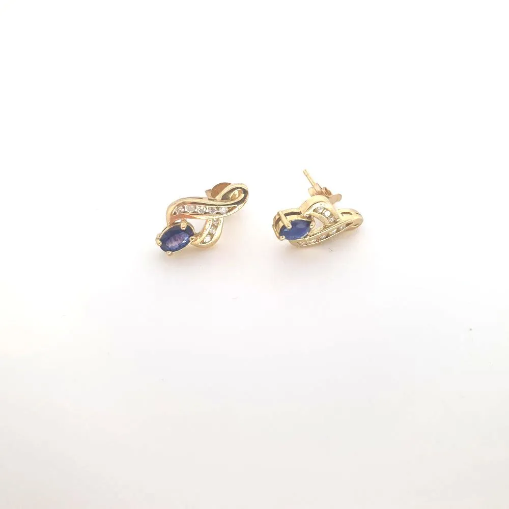 9ct Yellow Gold, Diamond and Sapphire Contemporary Stud Earrings