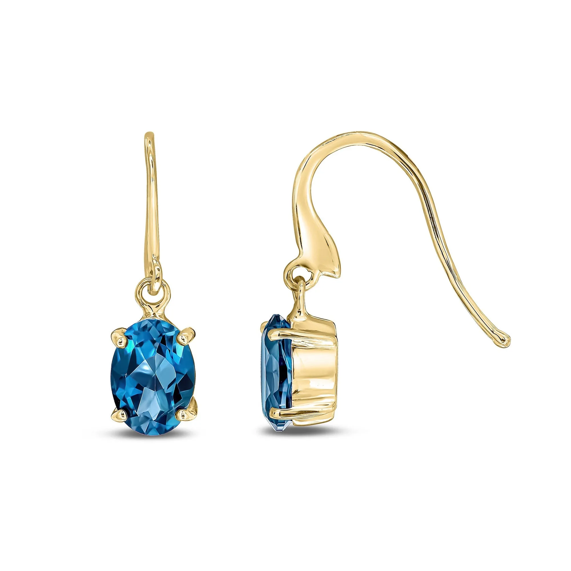 9ct Yellow Gold Oval London Blue Topaz Hook Drop Earrings 1.80ct