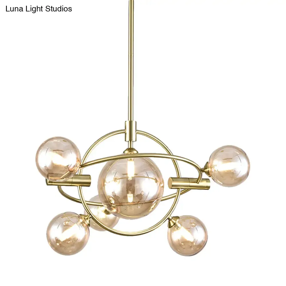 Amber Glass Modernist Sphere Chandelier - 6 Head Dining Room Lighting