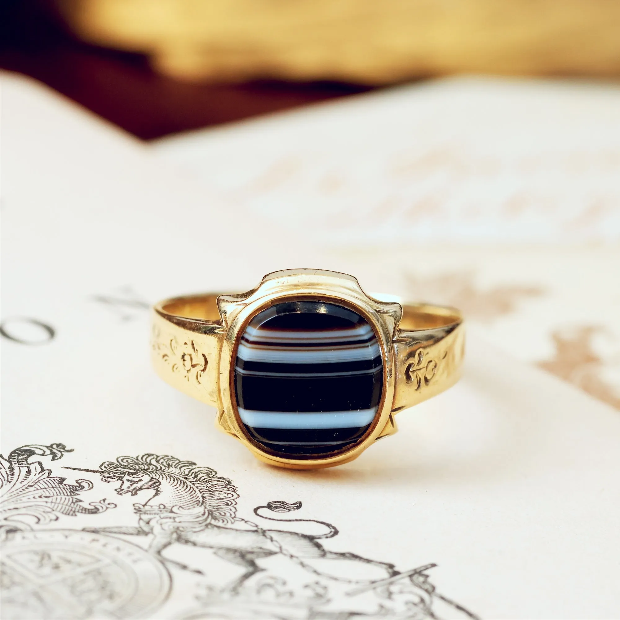 Antique Classical Men's Banded Agate Signet Ring