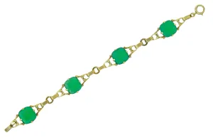 Art Deco 1930's Carved Green Onyx Intaglio 14 Karat Gold Floral Link Bracelet