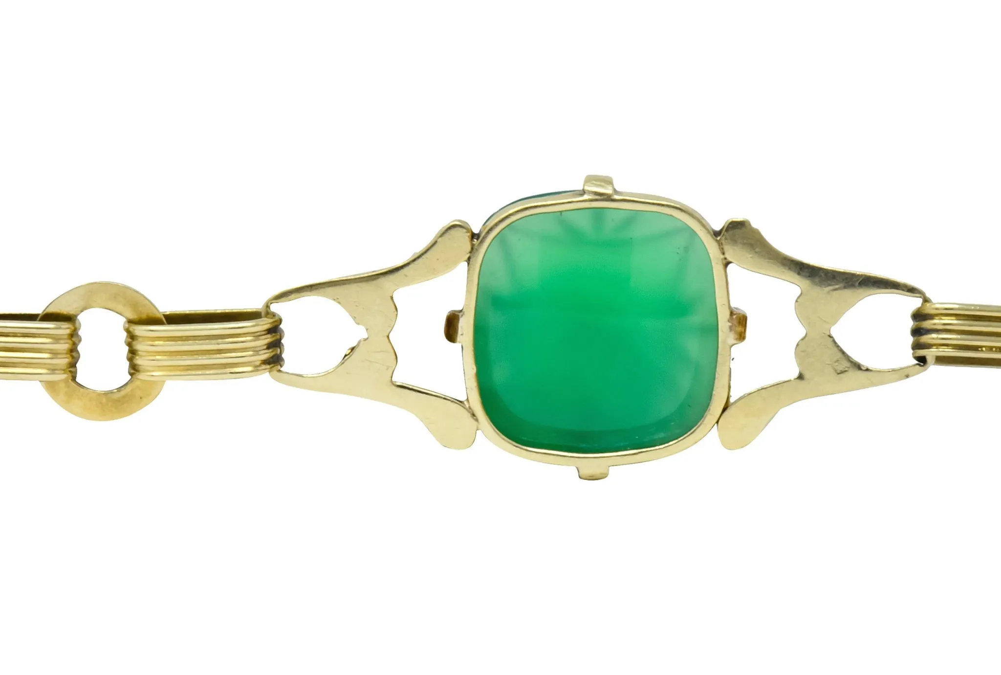 Art Deco 1930's Carved Green Onyx Intaglio 14 Karat Gold Floral Link Bracelet