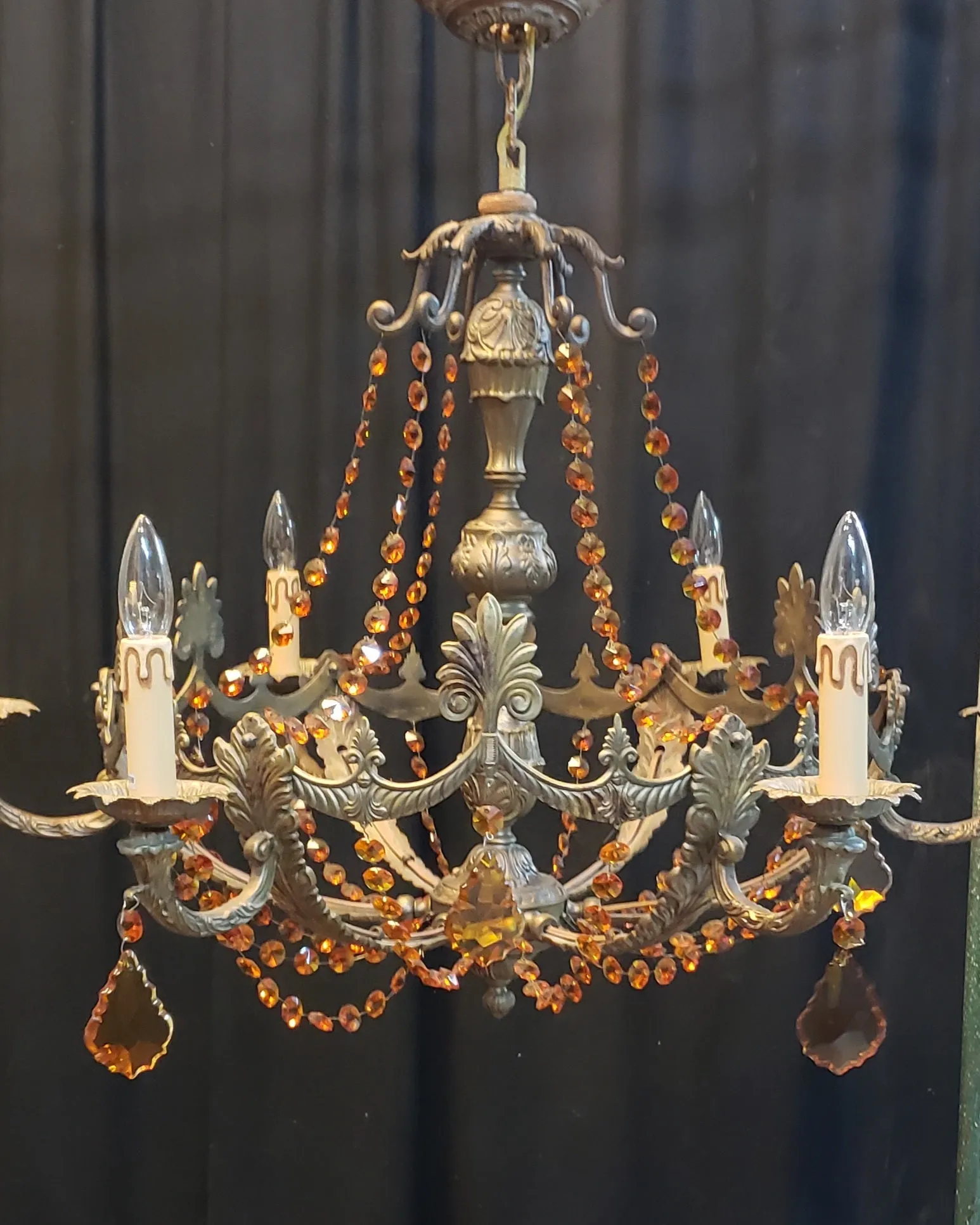 Art Nouveau Brass Chandelier w/ Faceted Crystal Amber Prisms 35" W x 22" GA9193