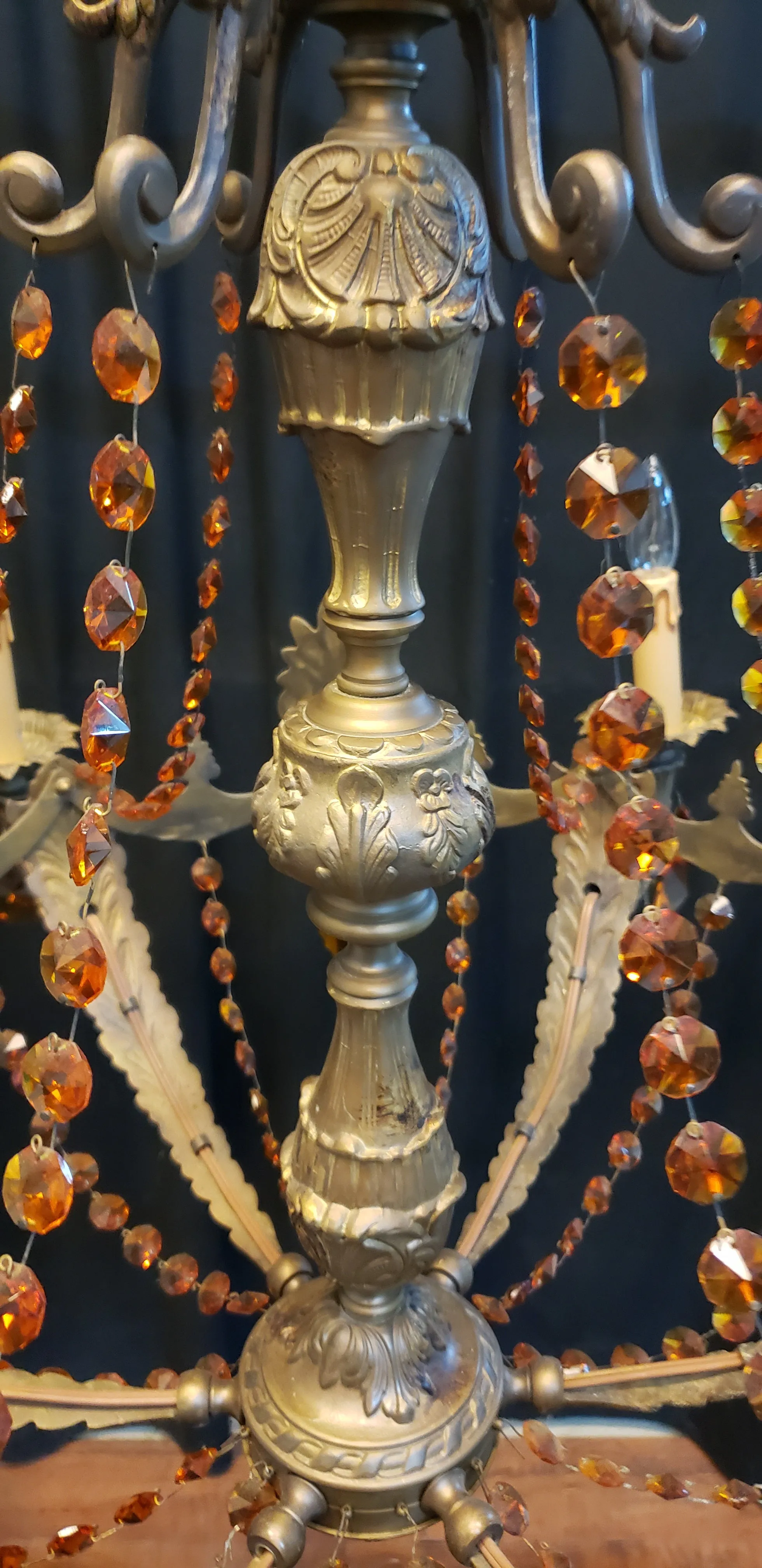 Art Nouveau Brass Chandelier w/ Faceted Crystal Amber Prisms 35" W x 22" GA9193