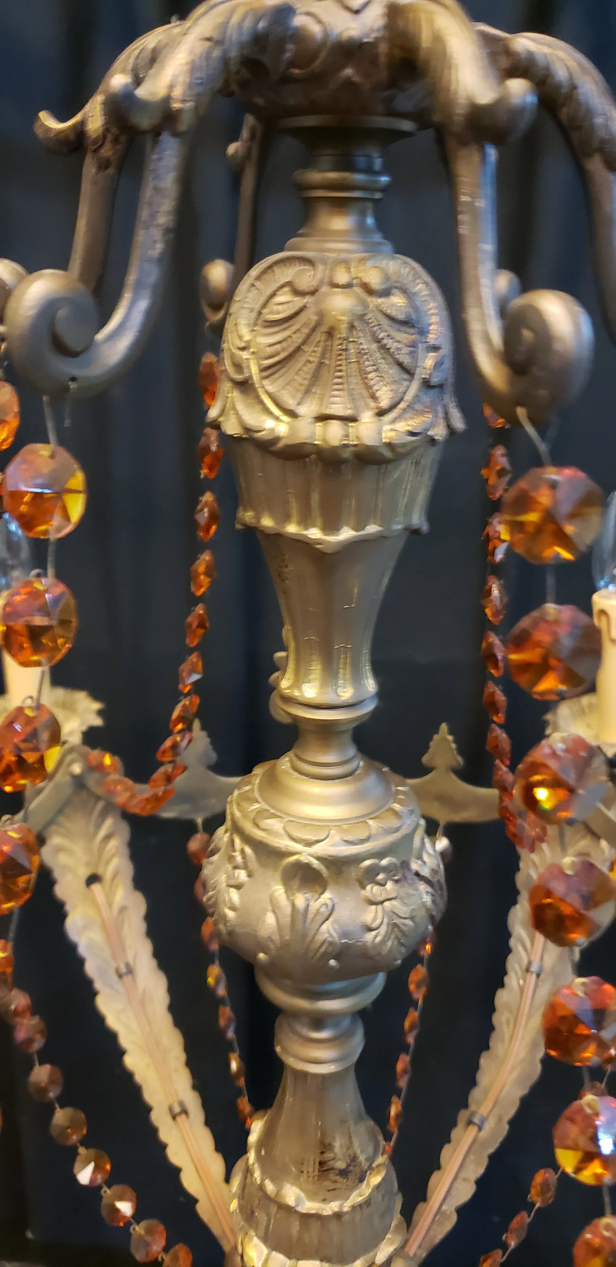 Art Nouveau Brass Chandelier w/ Faceted Crystal Amber Prisms 35" W x 22" GA9193