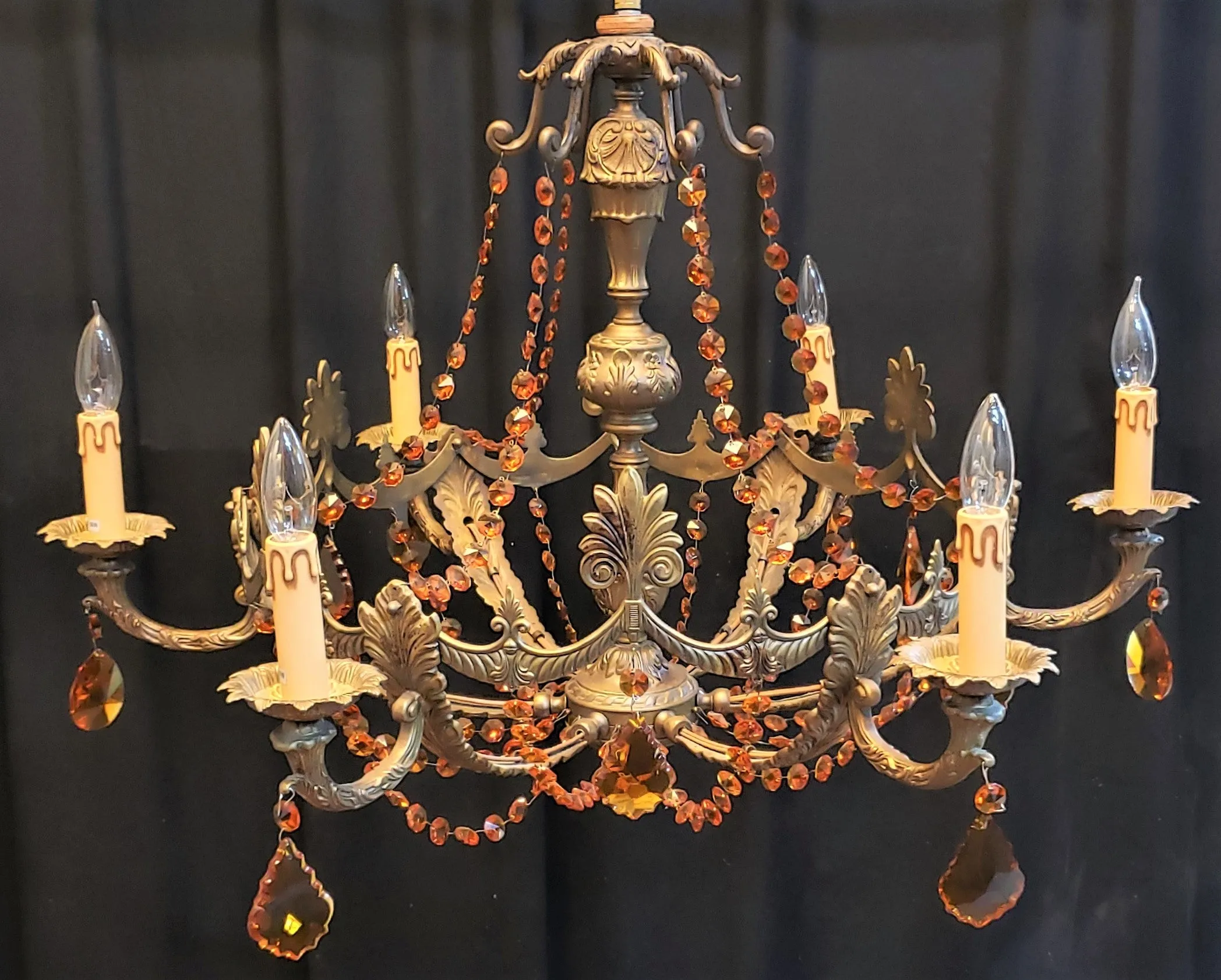 Art Nouveau Brass Chandelier w/ Faceted Crystal Amber Prisms 35" W x 22" GA9193