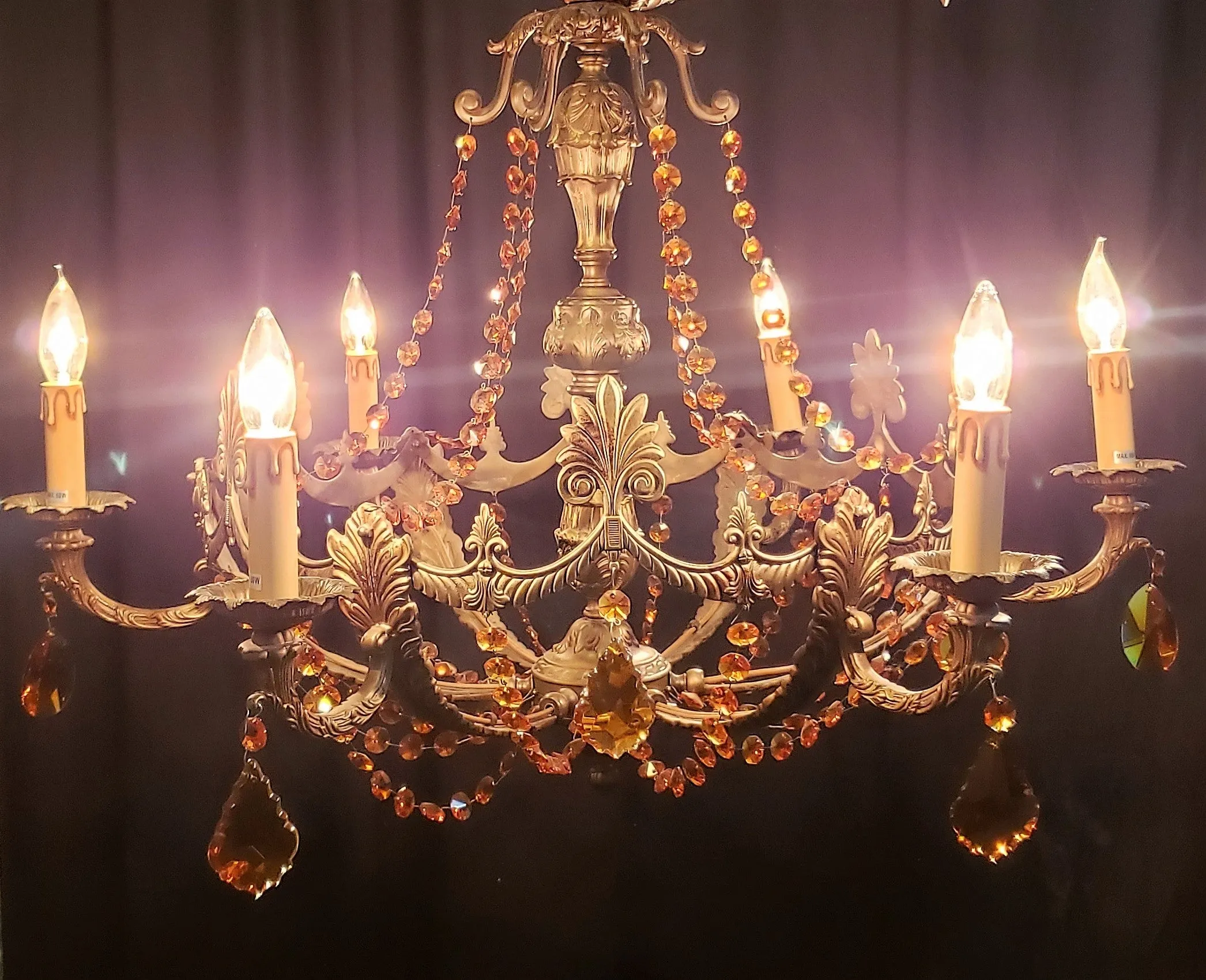 Art Nouveau Brass Chandelier w/ Faceted Crystal Amber Prisms 35" W x 22" GA9193