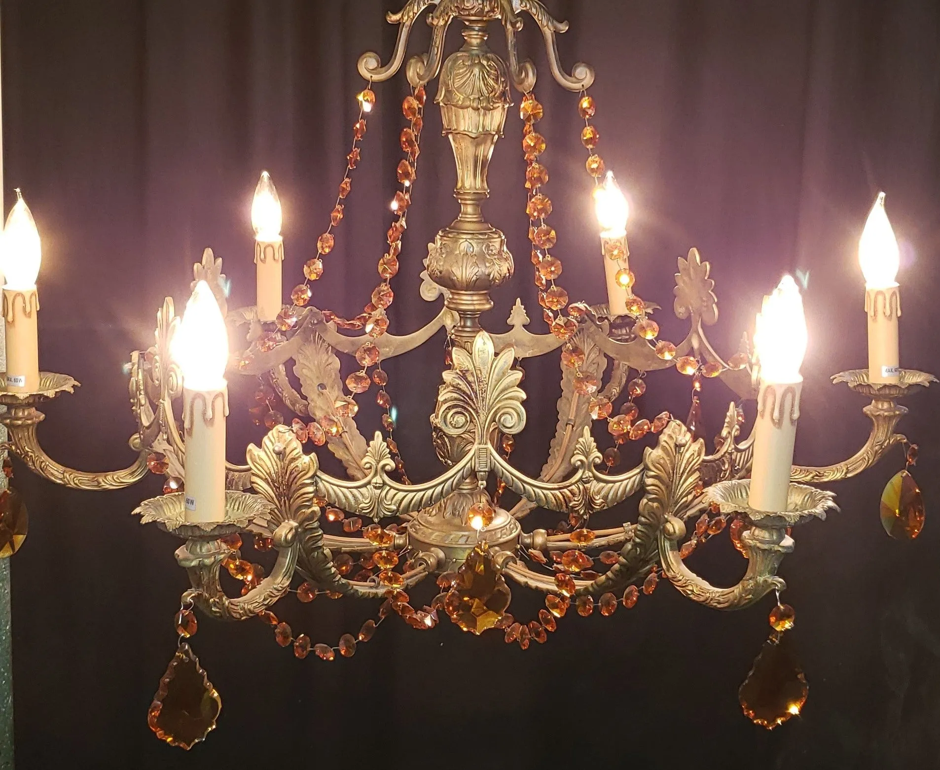 Art Nouveau Brass Chandelier w/ Faceted Crystal Amber Prisms 35" W x 22" GA9193