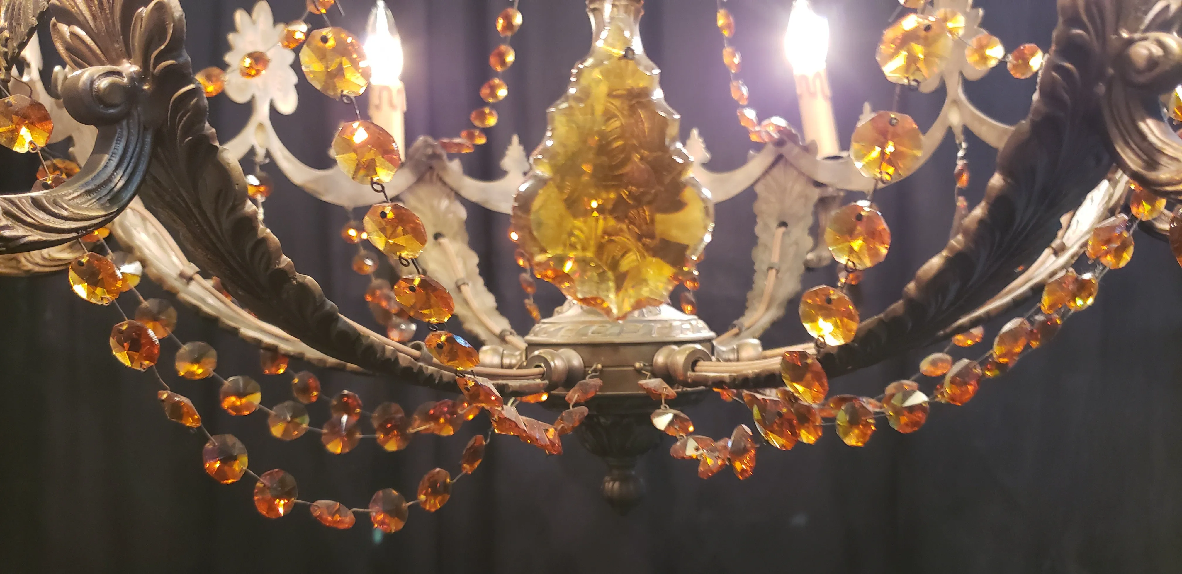 Art Nouveau Brass Chandelier w/ Faceted Crystal Amber Prisms 35" W x 22" GA9193