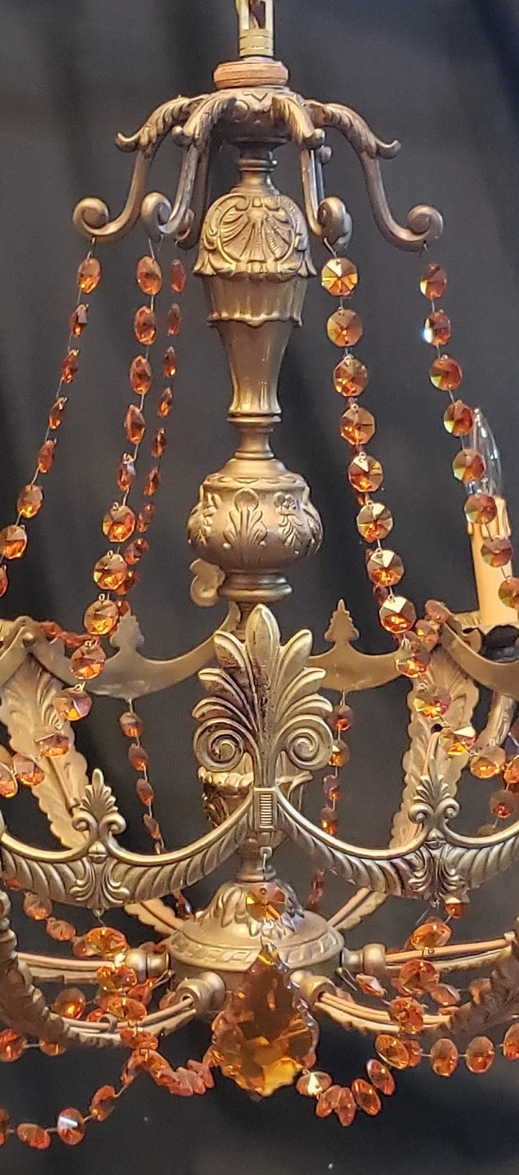 Art Nouveau Brass Chandelier w/ Faceted Crystal Amber Prisms 35" W x 22" GA9193