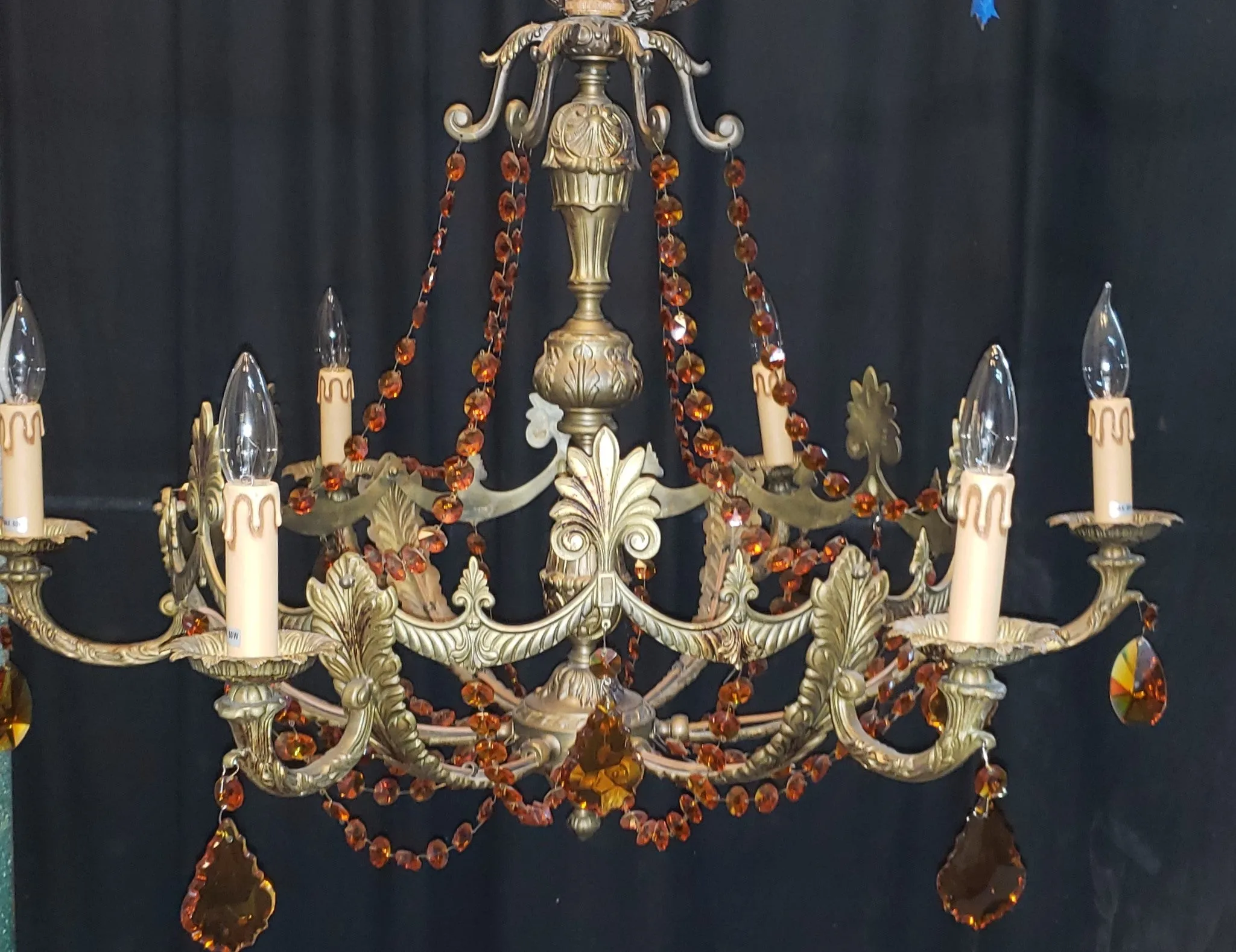 Art Nouveau Brass Chandelier w/ Faceted Crystal Amber Prisms 35" W x 22" GA9193