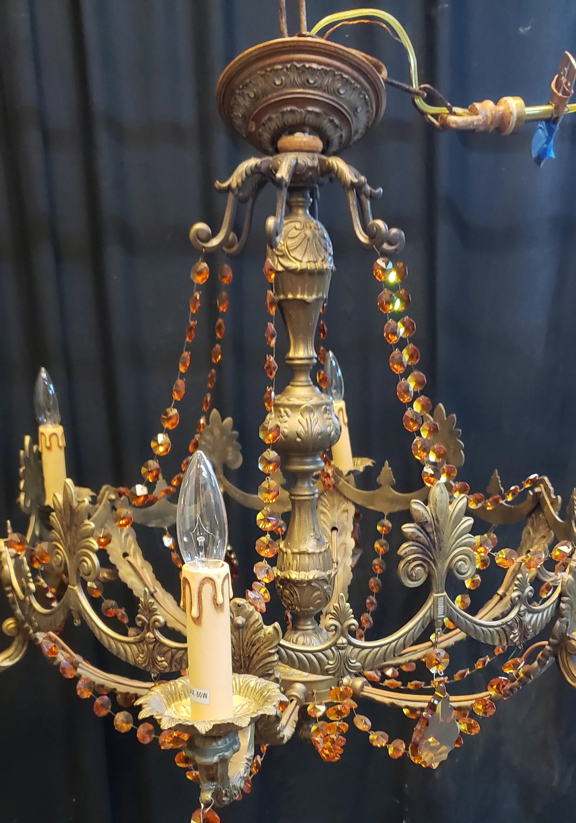 Art Nouveau Brass Chandelier w/ Faceted Crystal Amber Prisms 35" W x 22" GA9193