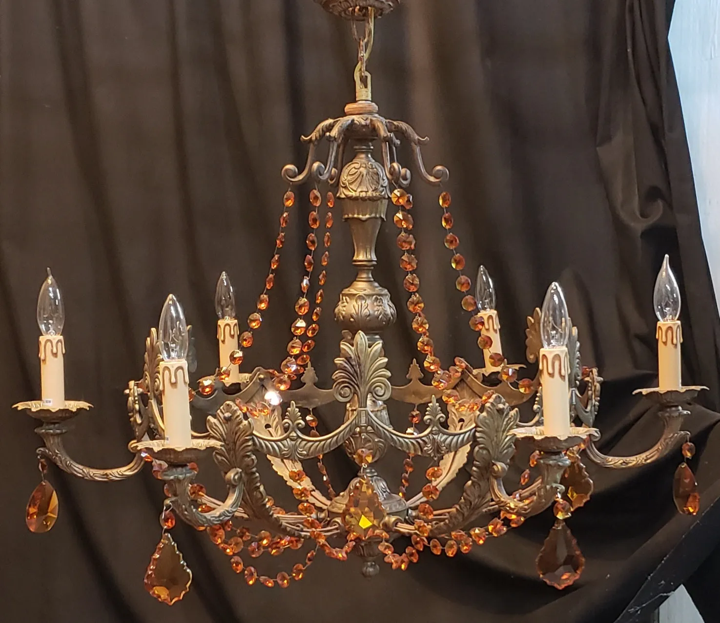 Art Nouveau Brass Chandelier w/ Faceted Crystal Amber Prisms 35" W x 22" GA9193